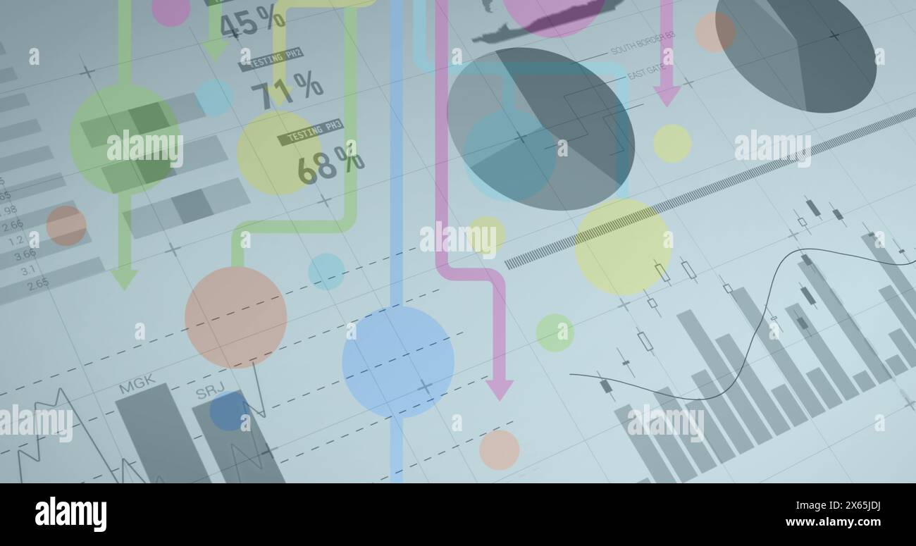 Image of statistics and data processing over colorful shapes on white Stock Photo