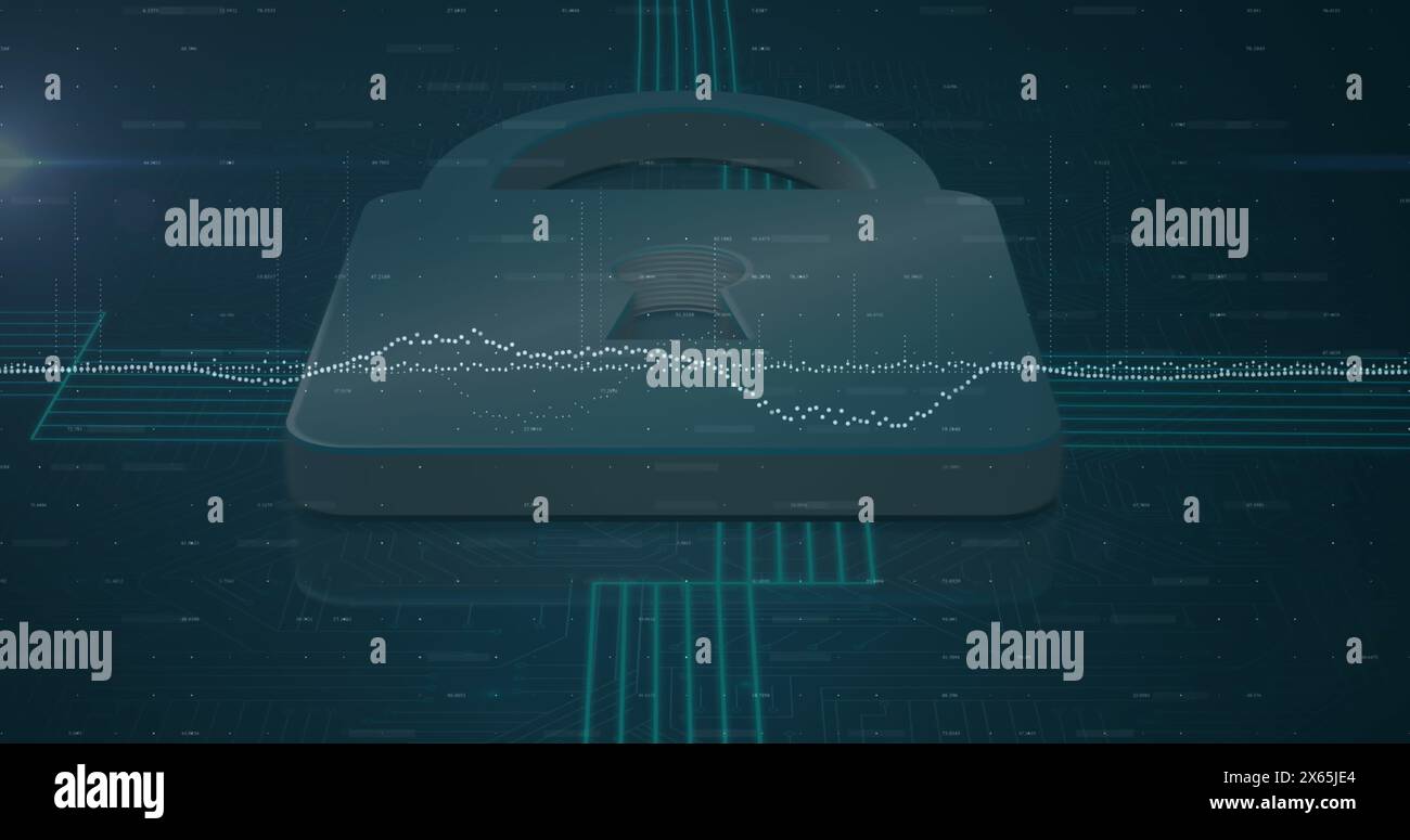 Image of statistics and data processing over online security padlock blue background Stock Photo