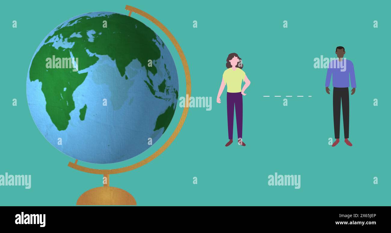 In school, two students are standing near large globe Stock Photo