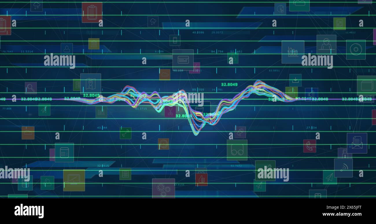 Image of statistics and data processing over icons Stock Photo