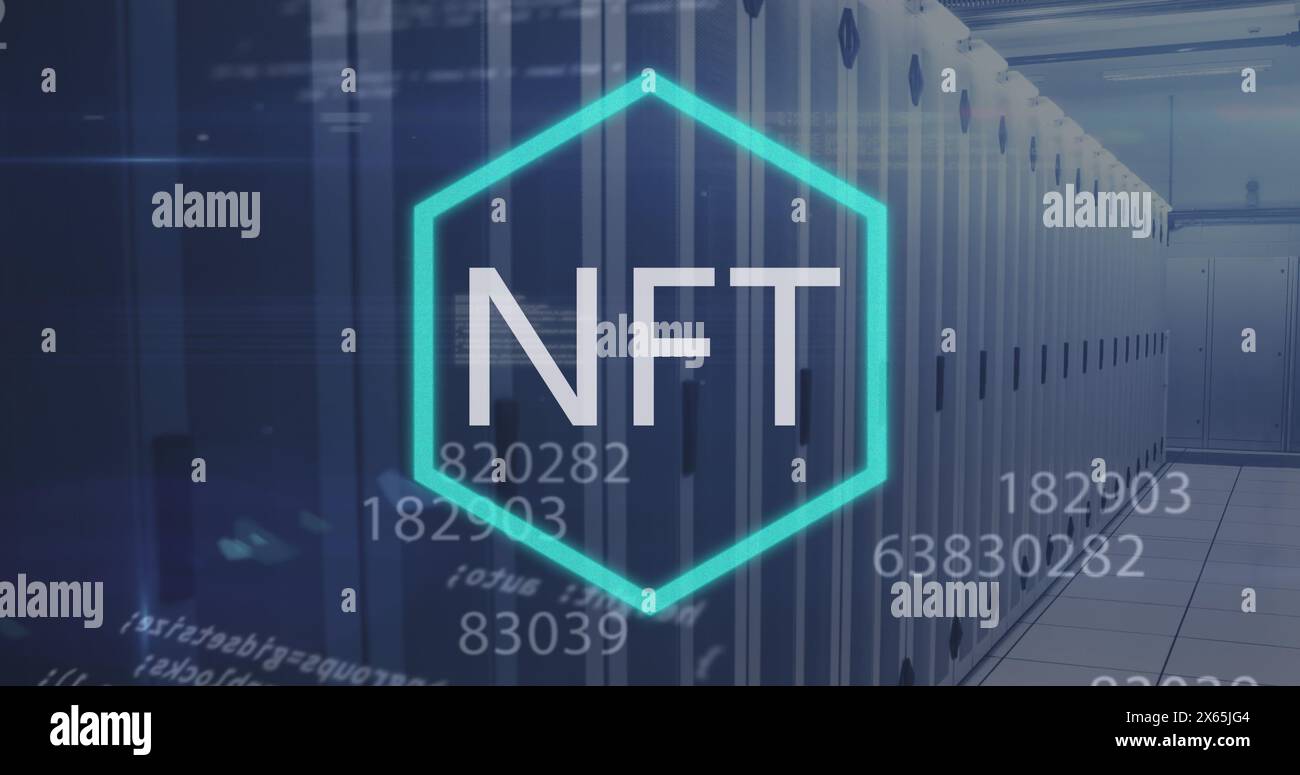 Image of financial data processing with nft text over computer servers Stock Photo
