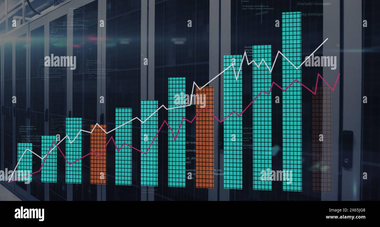 Image of statistical data processing and light spots against computer server room Stock Photo