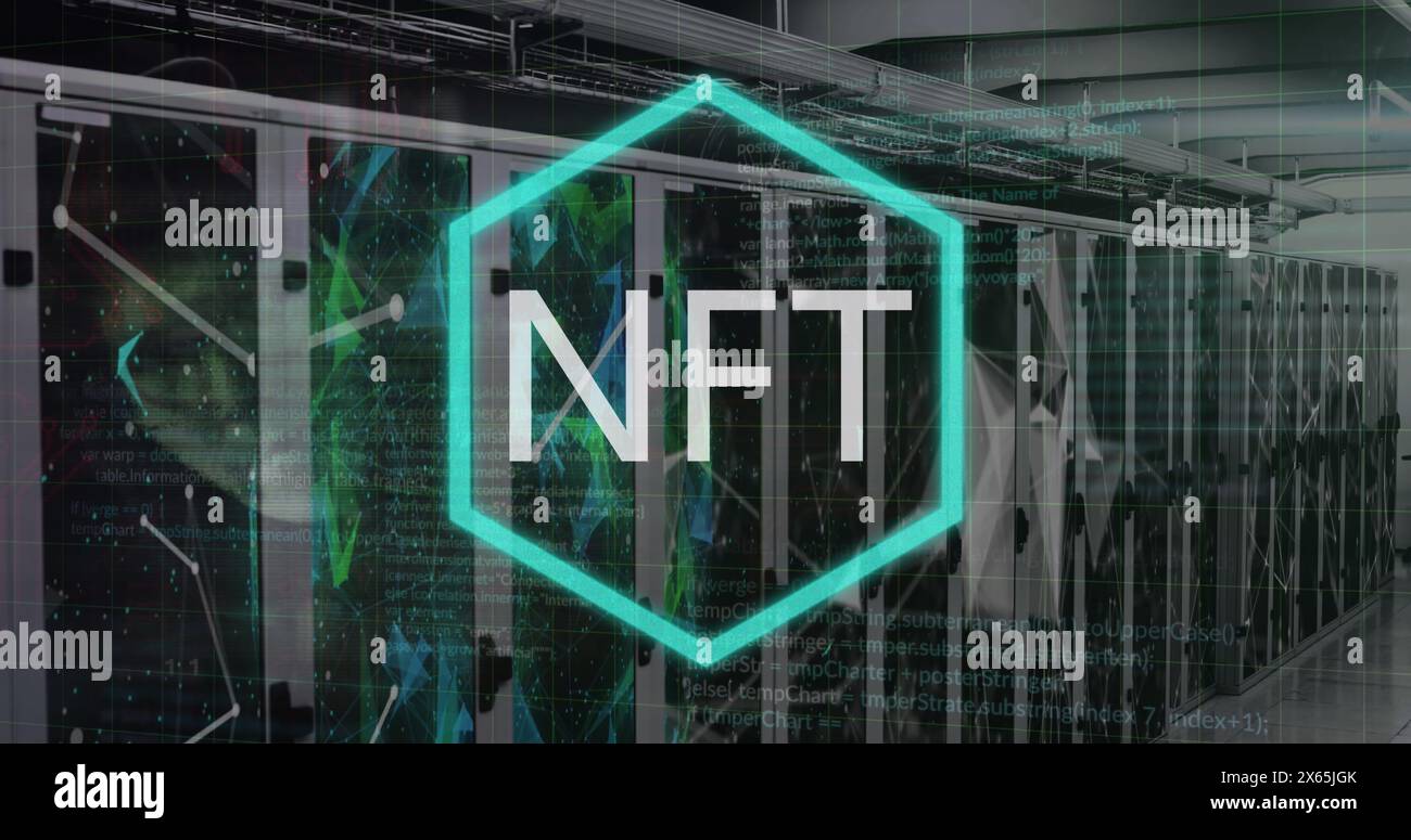 Image of nft text, data processing over computer servers Stock Photo