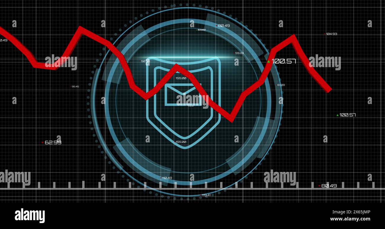 Image of red line, padlock and data processing over black background Stock Photo