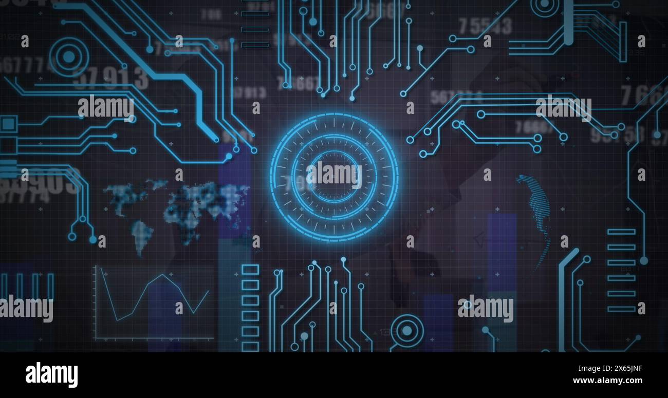 Image of round scanners, microprocessor connections against changing numbers and data processing Stock Photo