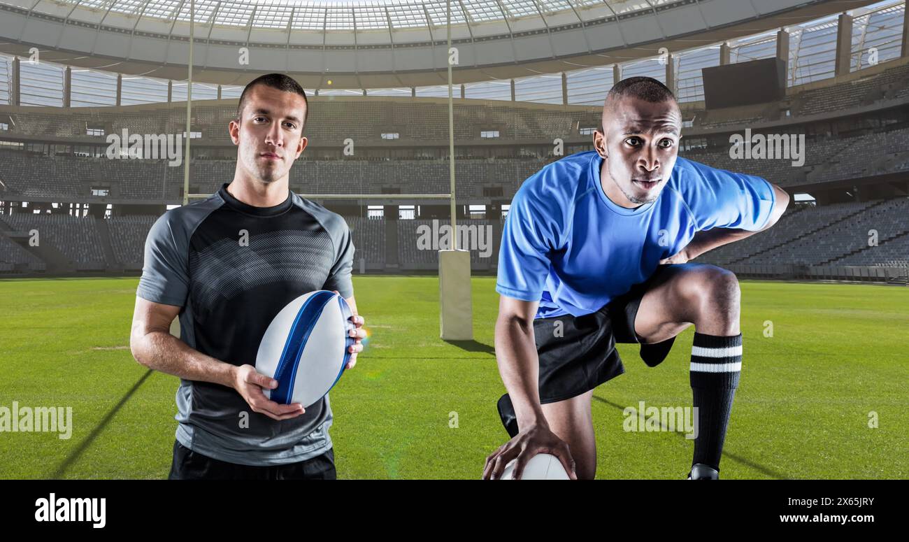 Image of diverse male rugby players over stadium Stock Photo - Alamy