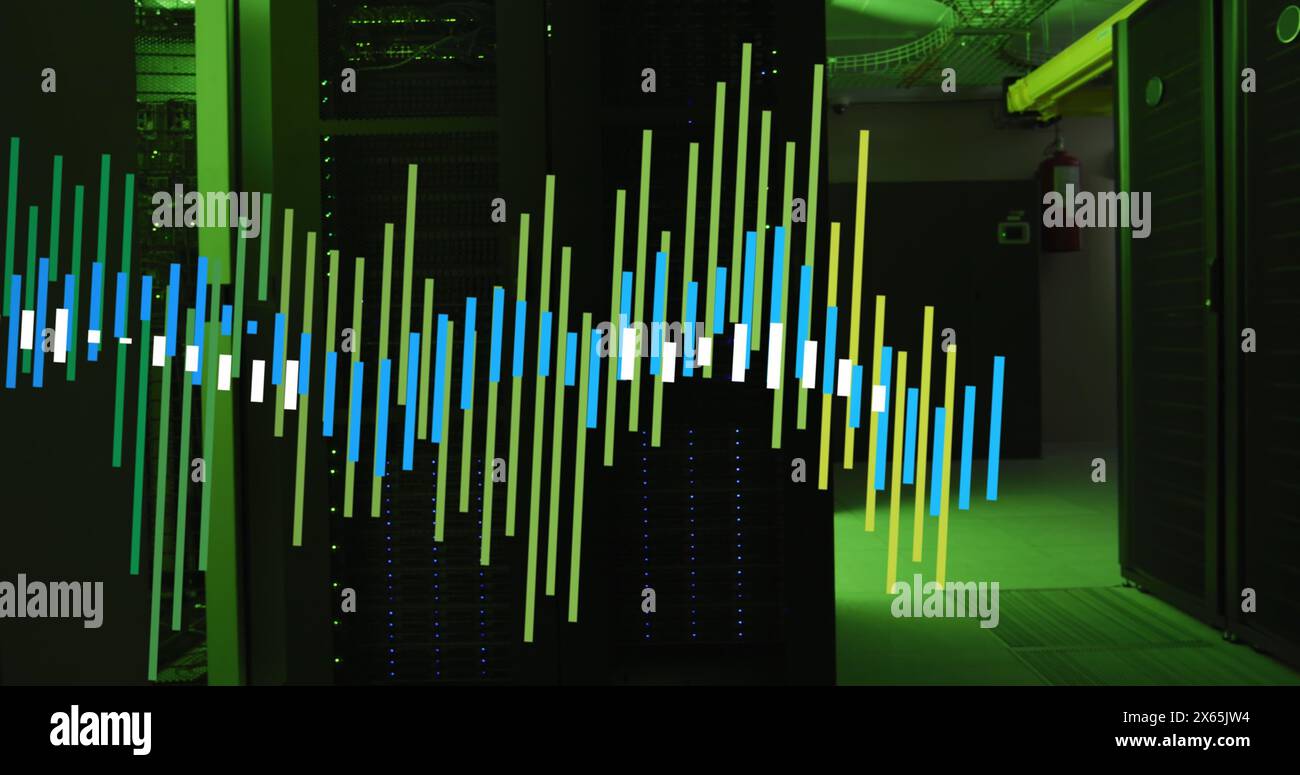 Blue and green graph and data processing over computer server room ...