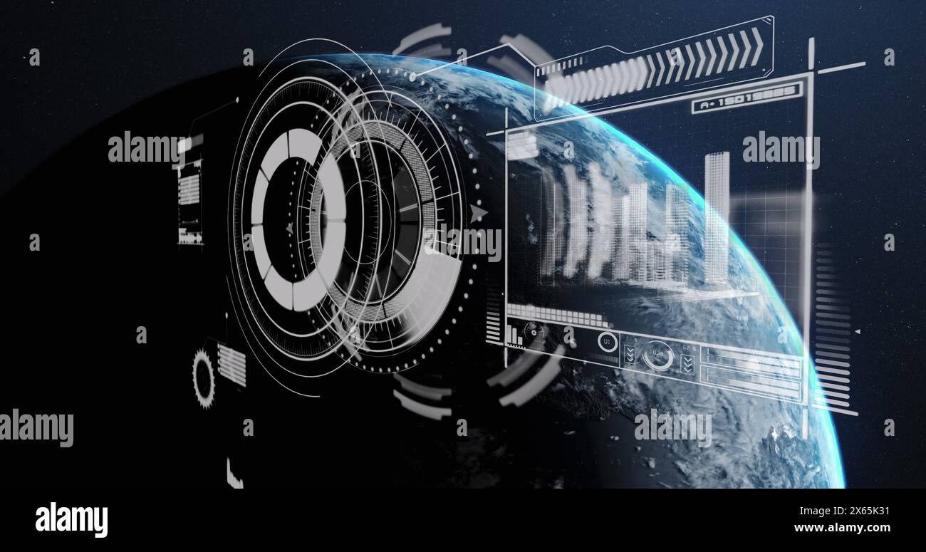Image of data processing and globe over scope over globe Stock Photo