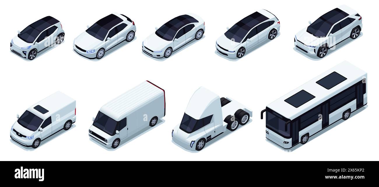Various isometric car. Logistic delivery vehicles with cargo trailer, truck van car and motorcycle for transport company. Vector set Stock Vector