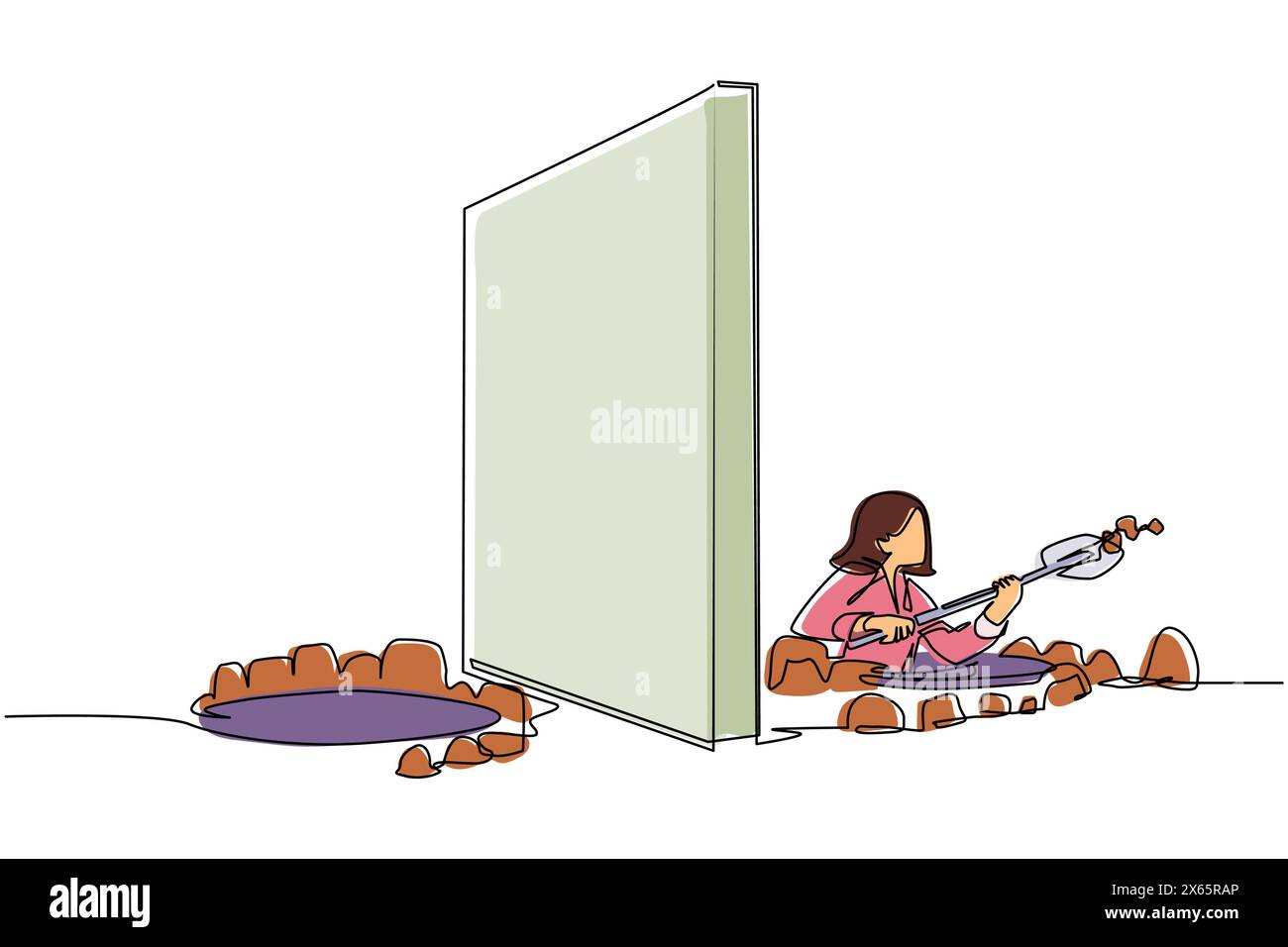 Single one line drawing businesswoman digging tunnel under wall or obstacle on border or on path to success. Starting new business company to reach go Stock Vector