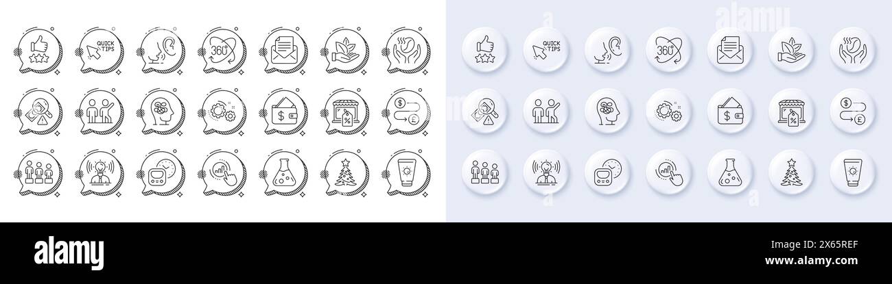 Christmas tree, Gears and Rating stars line icons. For web app, printing. Line icons. Vector Stock Vector