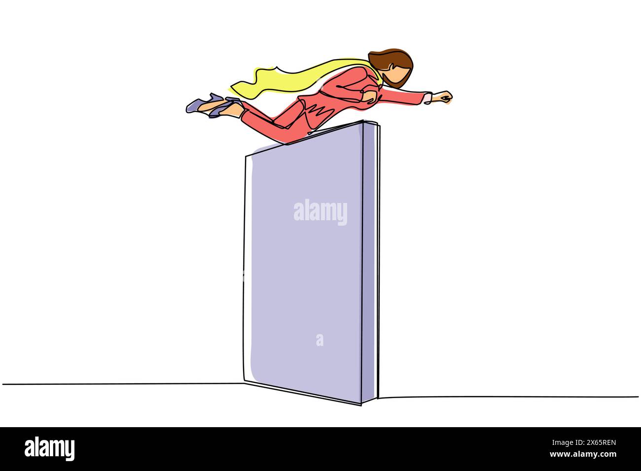 Single one line drawing super businesswoman flying over the wall. Employee superhero flying through the wall. Business concept power, success, overcom Stock Vector