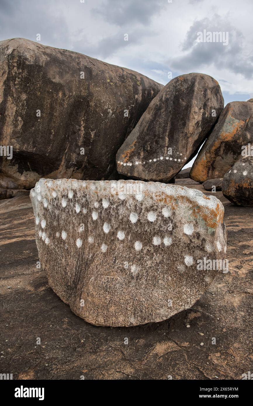 The evidence of an ancient tribal meeting place dot boulders of Stock Photo
