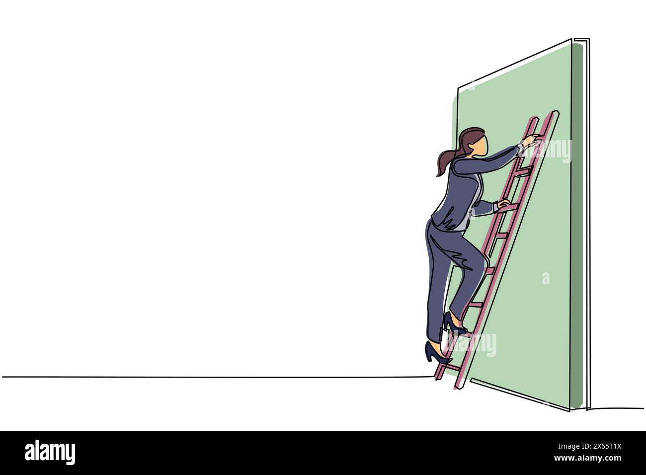 Continuous one line drawing businesswoman climbing up the wall with ladder. Business obstacle metaphor. Symbol for career growth, finding creative sol Stock Vector