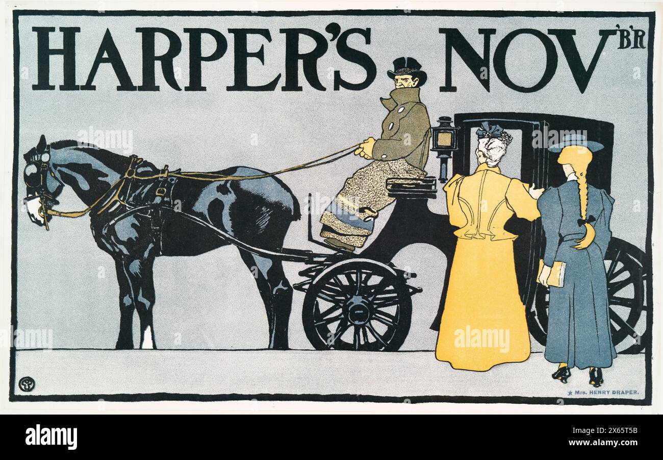 Harper's November, 1890s  by Edward Penfield, featuring horse drawn carriage with two ladies boarding. Stock Photo