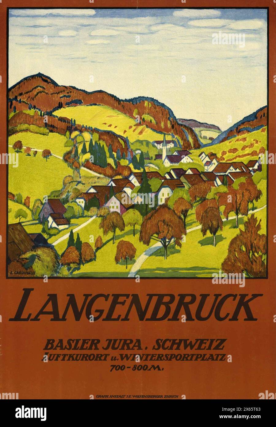 Vintage Swiss Travel Poster: Langenbruck. Basler Jura, Switzerland - climatic health resort and winter sports field, by Emil Cardinaux 1908 Stock Photo