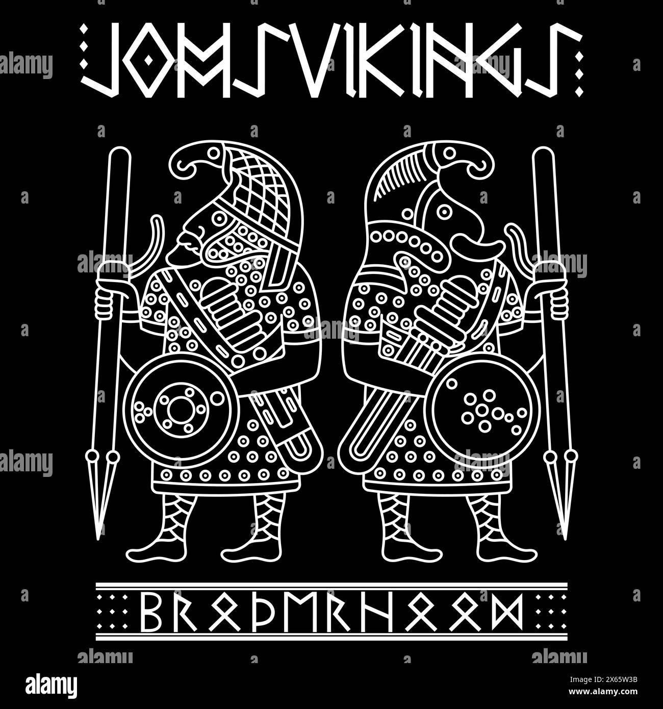 Design of Old Norse warriors drawn in Celtic Scandinavian style. Rune inscription Viking Brotherhood, isolated on black, vector illustration Stock Vector