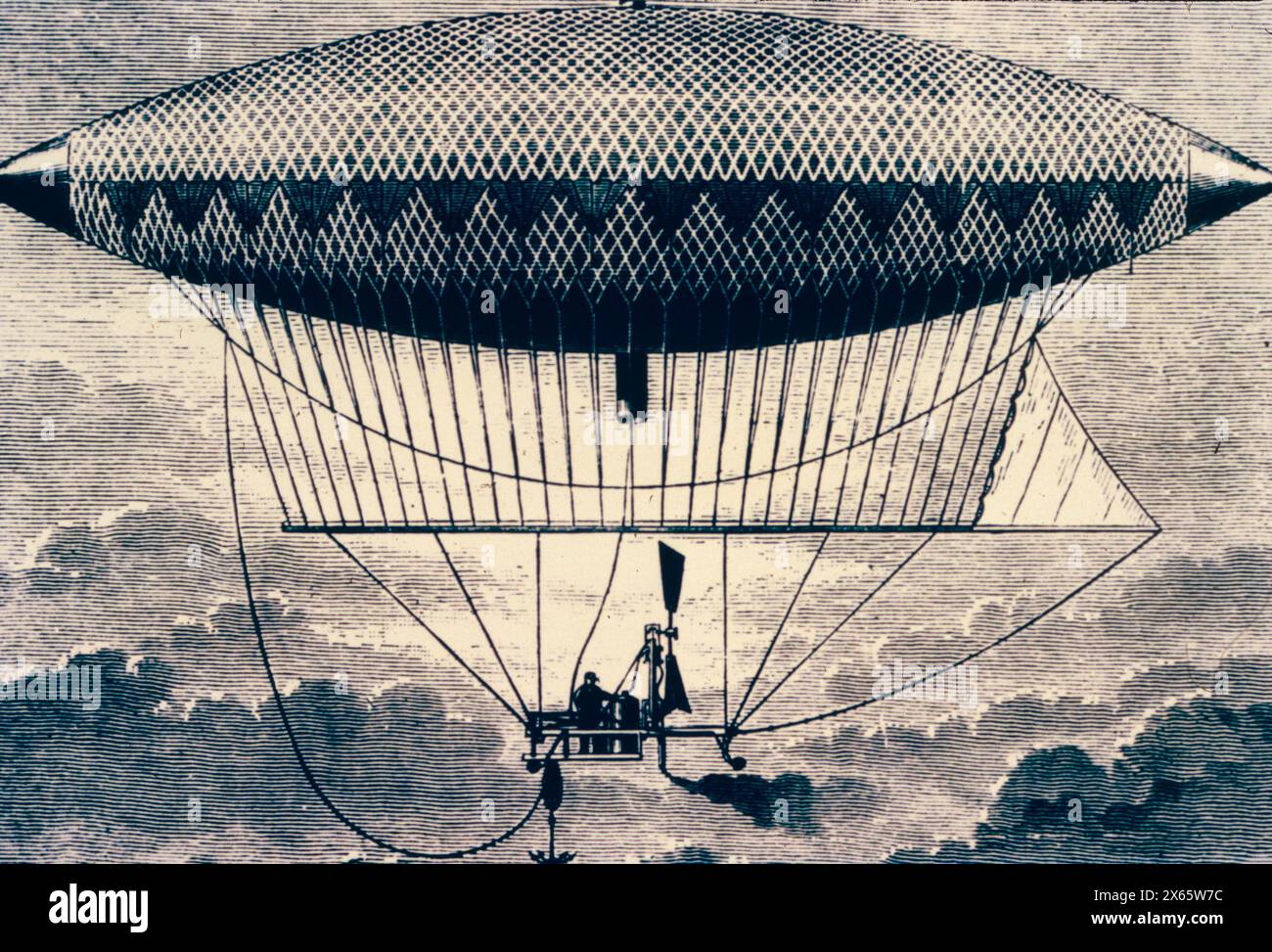 Steampowered balloon invented by Frenchman Henri Giffard, first