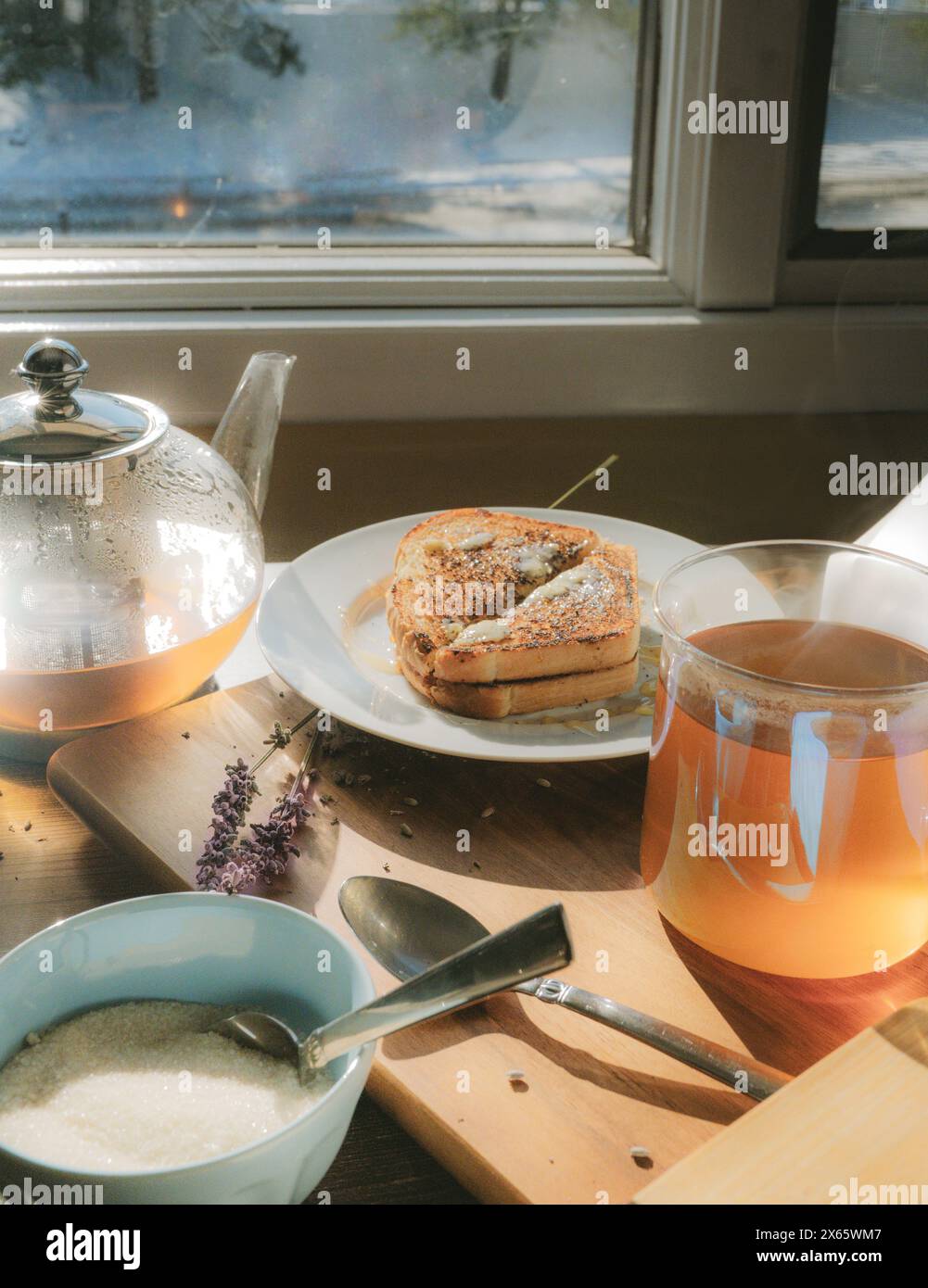 Tea toast snow window breakfast Stock Photo