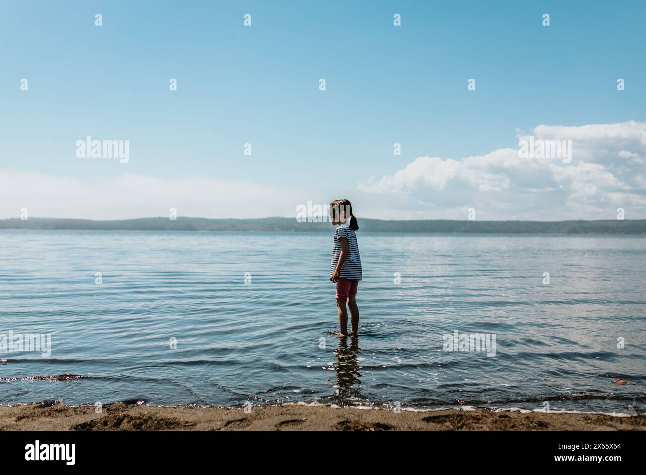 Young girl stands in Bay of Fundy, New Brunswick on a sunny day Stock Photo