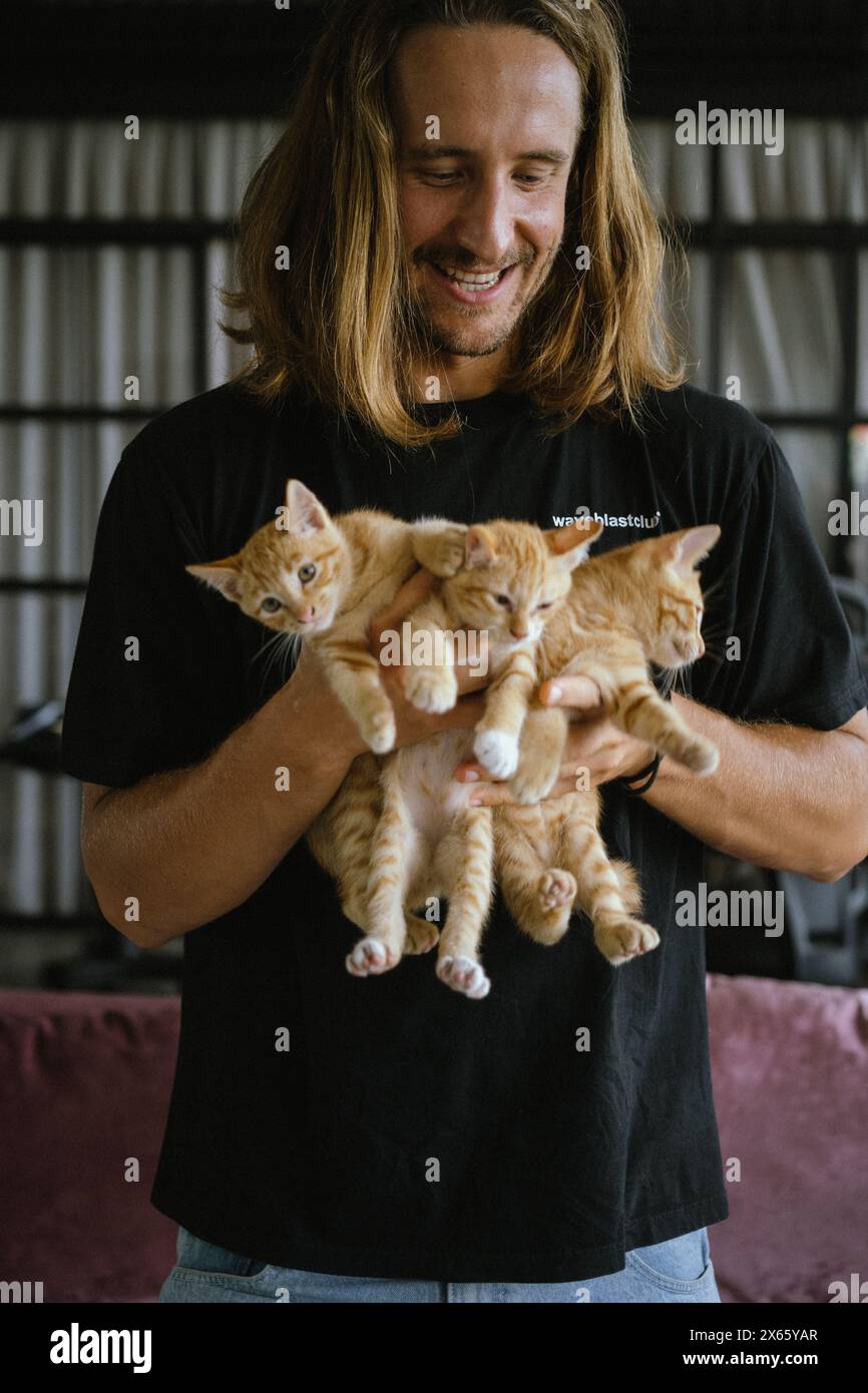 Young man holds red kittens. Stock Photo
