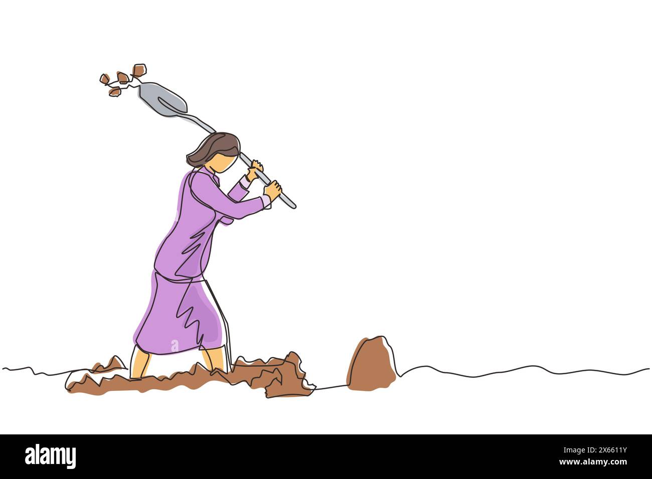 Continuous one line drawing businesswoman digging in dirt using shovel