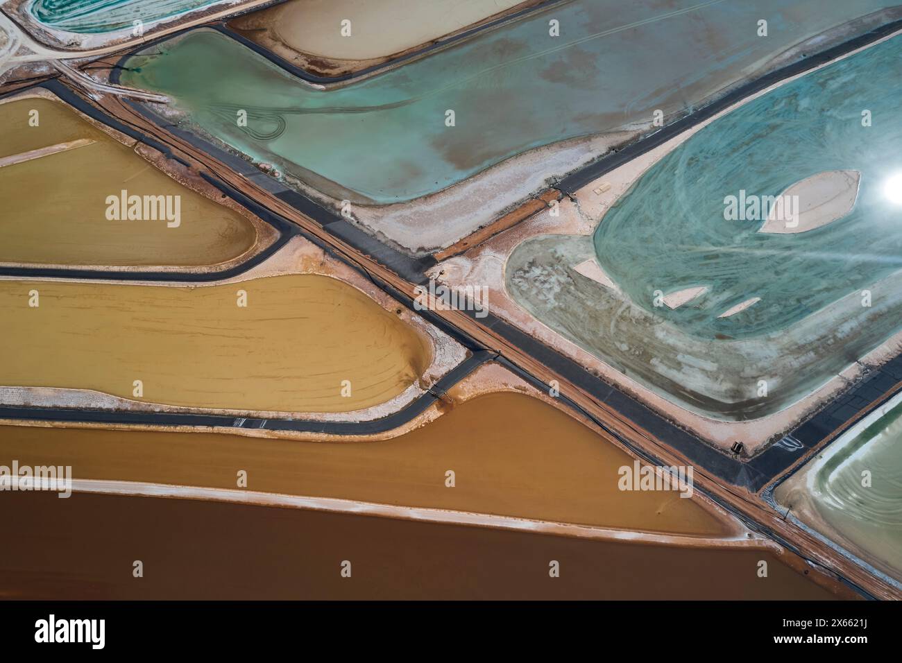 Colorful evaporation ponds at a potash refinery make an abstract Stock Photo