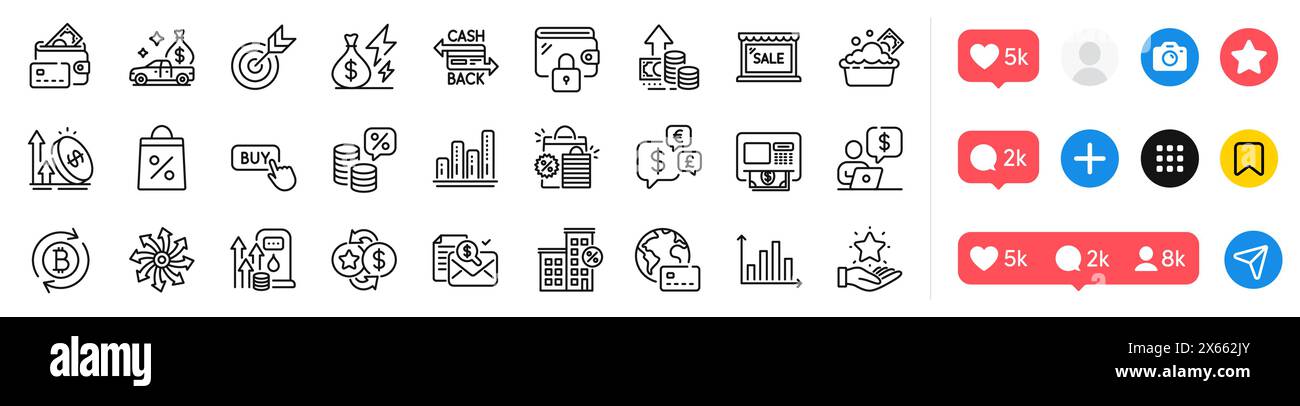 Cashback card, Target and Cash transit line icons pack. For web app ...