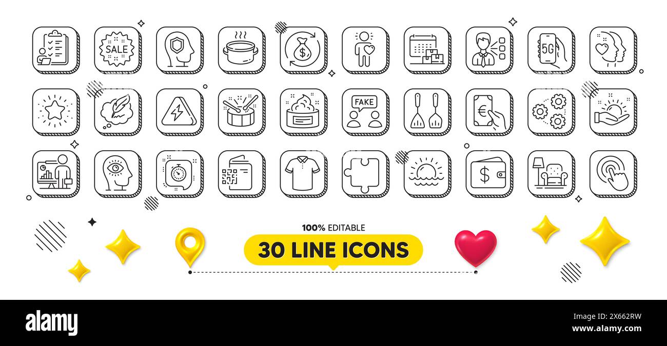 T-shirt, Qr code and Click line icons pack. For web app. 3d design elements. Vector Stock Vector