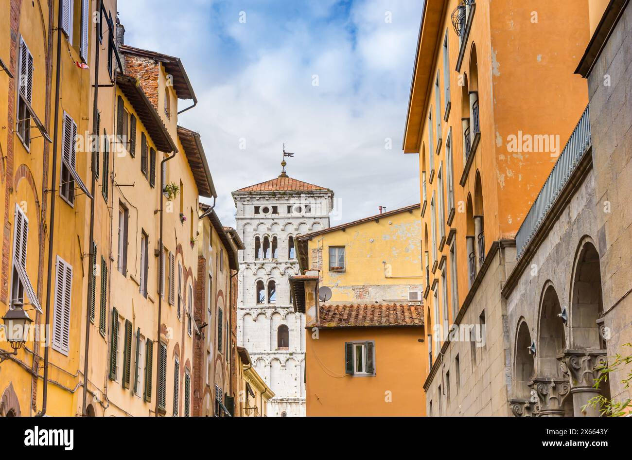 Historic street leading to the San Michele church in Lucca, Italy Stock Photo