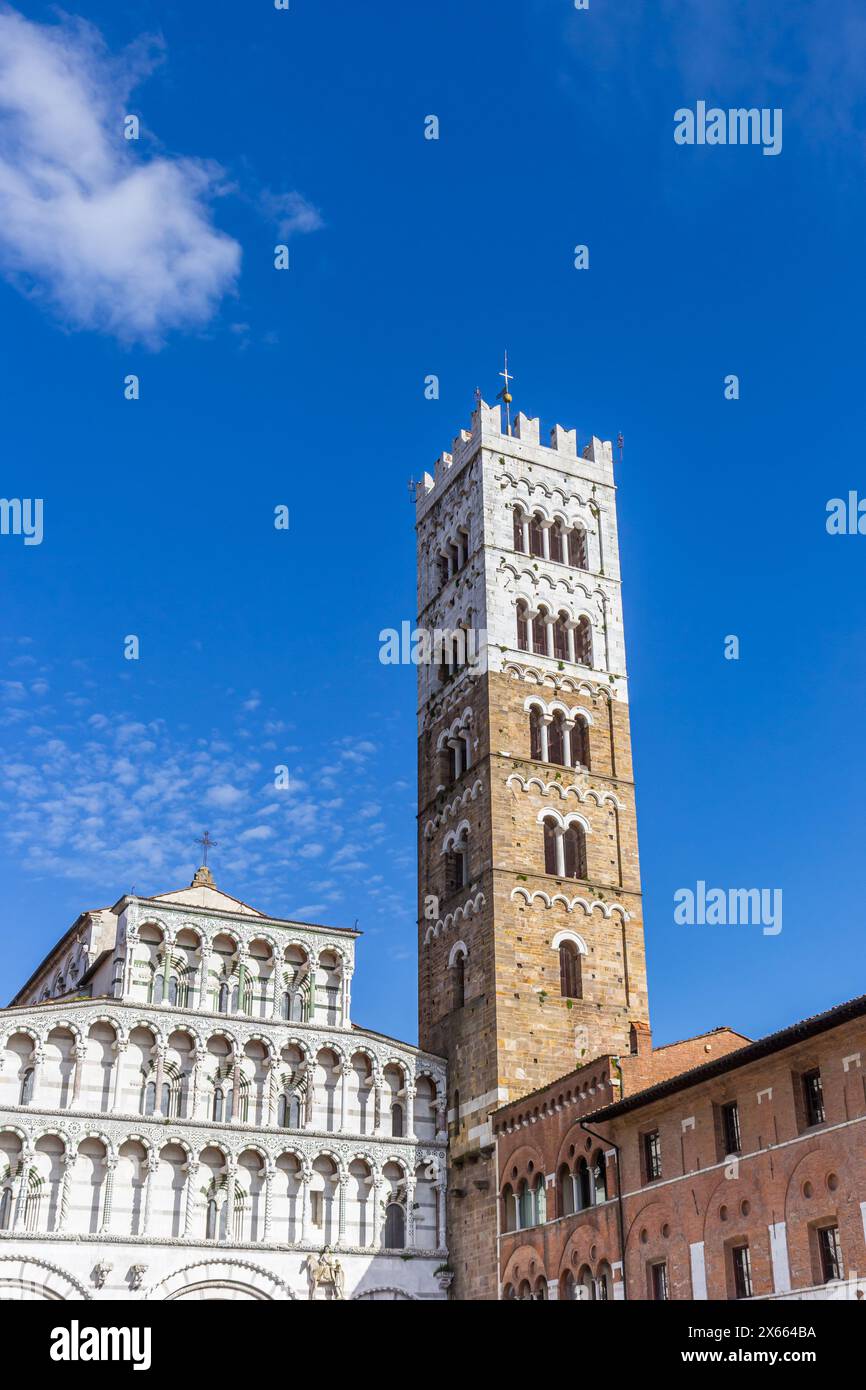 Tower and facade of the Duomo cathedral in Lucca, Italy Stock Photo