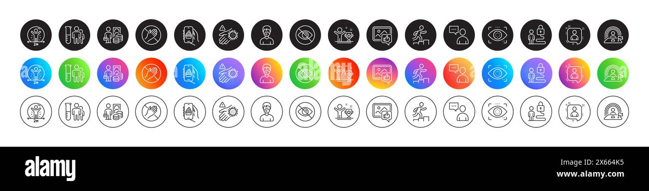 Leader run, Developers chat and Social distance line icons. For web app, printing. Round icon buttons. Vector Stock Vector