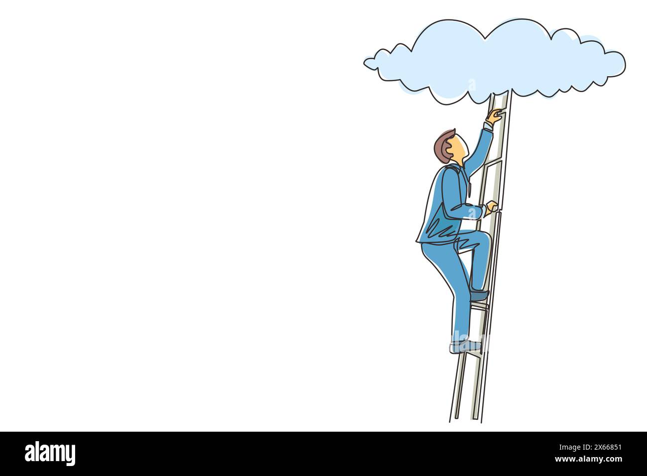Continuous one line drawing businessman climbing up career ladder to cloud. Successful rising business development. Professional growth and promotion. Stock Vector