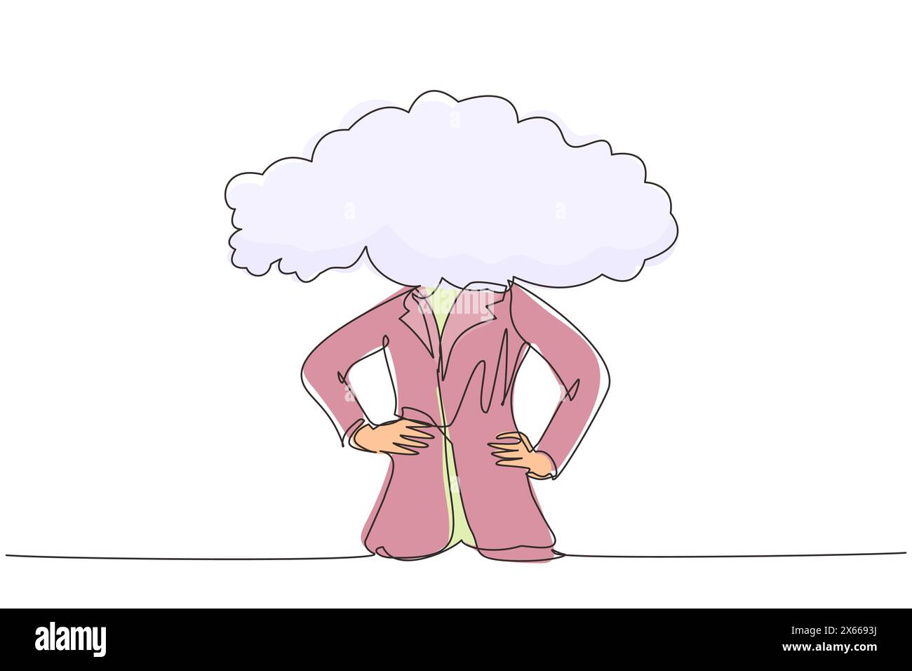 Single continuous line drawing cloud head businesswoman. Woman with empty head and cloud instead. Distracted, daydreaming, absent, impractical concept Stock Vector