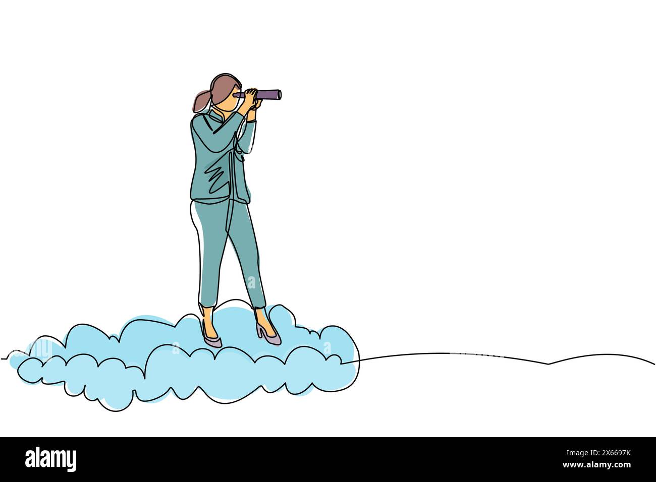 Continuous one line drawing businesswoman riding high cloud holding telescope or binocular to search for business visionary. Leadership vision to see Stock Vector