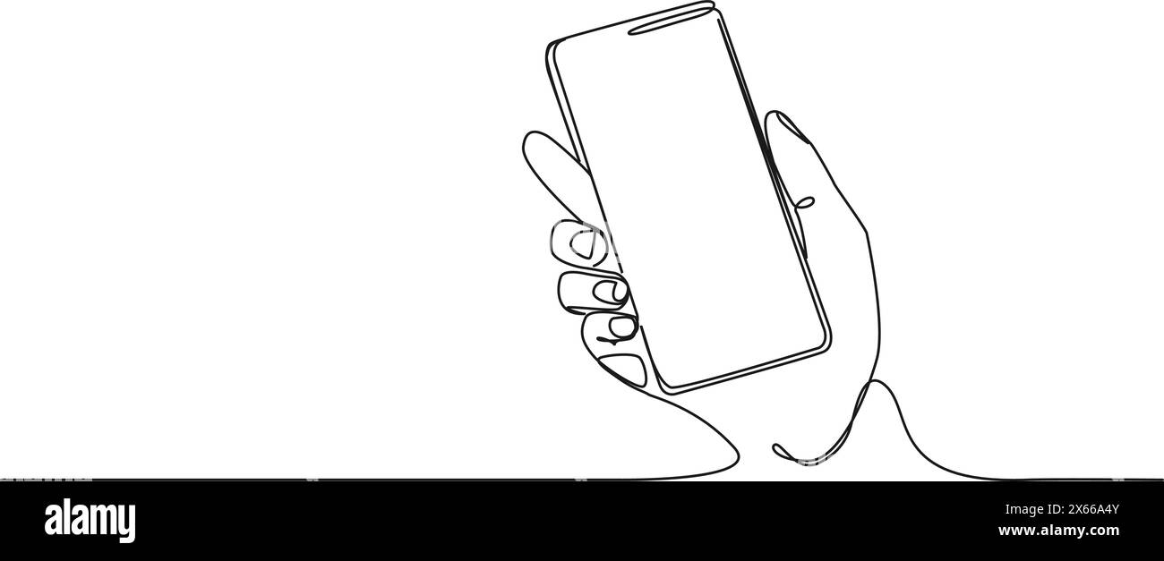 continuous single line drawing of hand holding smartphone, line art vector illustration Stock Vector