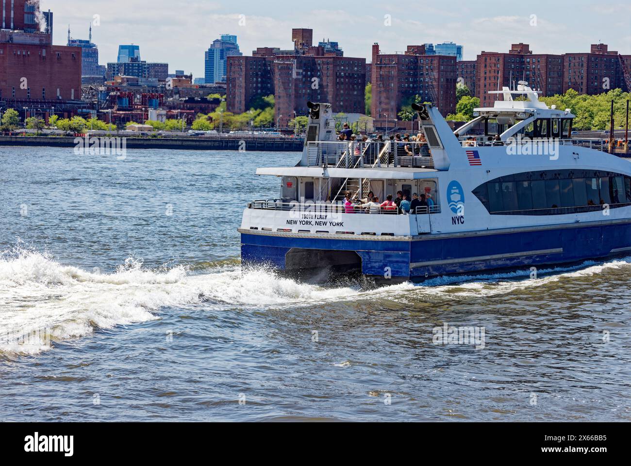 New York City Ferry, operated by Hornblower Cruises, had 38 whimsically named twin-hull boats connecting all five boroughs as of 2023. Stock Photo