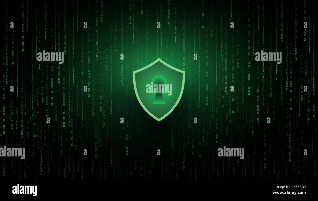 Secure Coding: Green Binary Code with Shield and Keyhole on Black Background Stock Vector