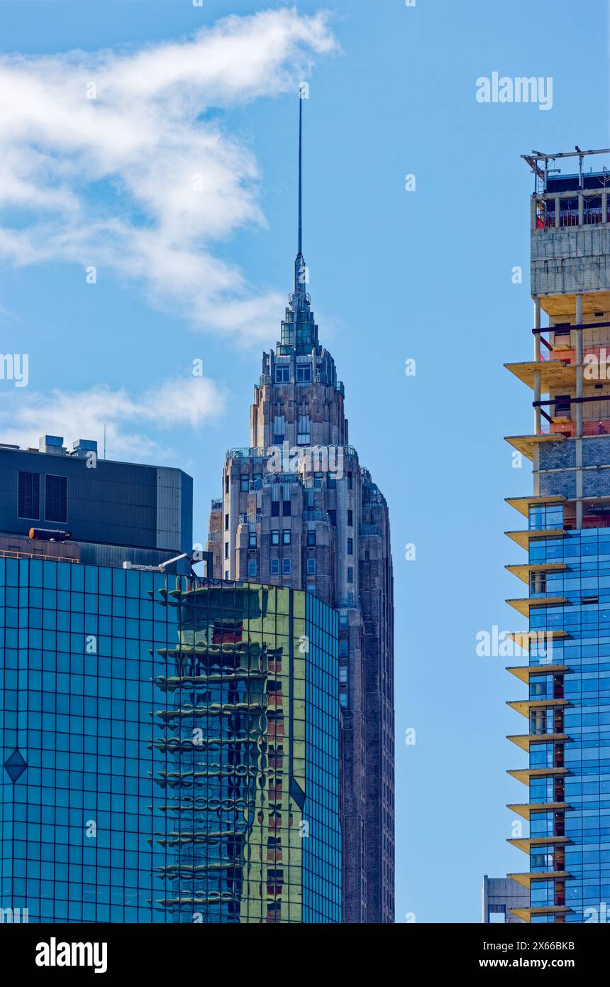 70 Pine Street, aka 60 Wall Tower, is a landmark needle-spired office building converted to residences and hotel in NYC’s Financial District. Stock Photo