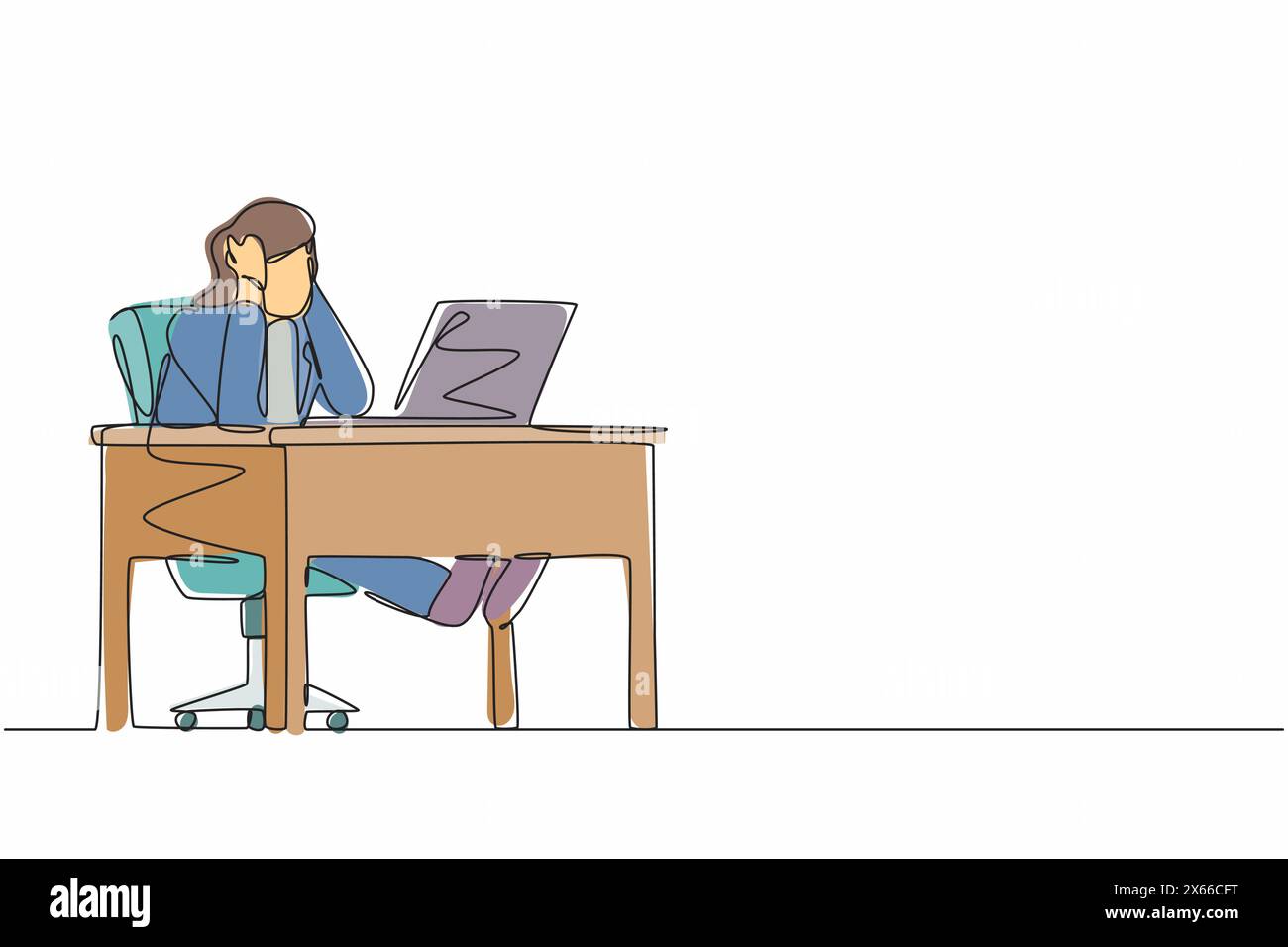 Single continuous line drawing tired office worker woman character. Girl work at laptop feeling bad. Hold her head. Headache sick, exhausted, stressed Stock Vector