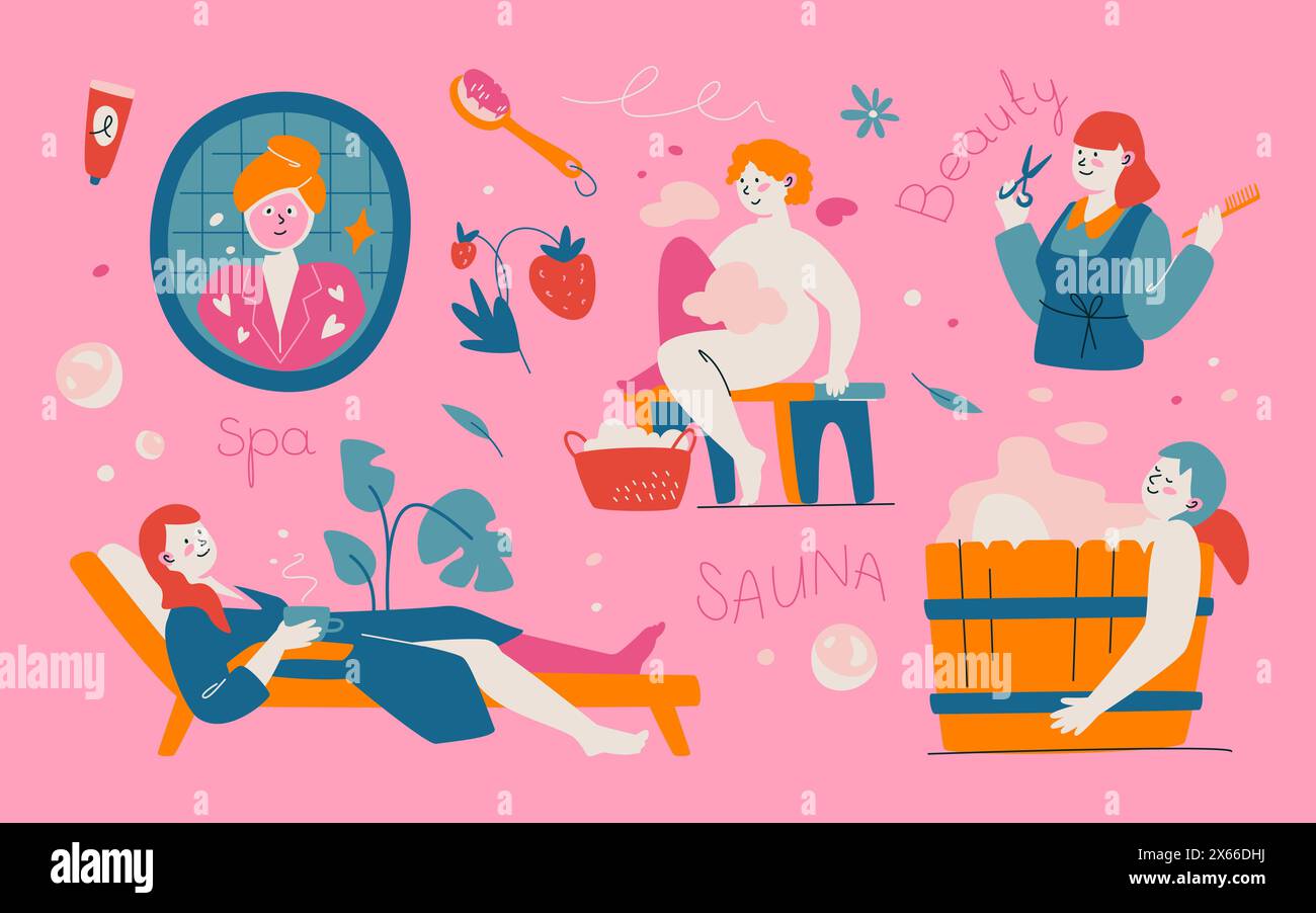 Spa, sauna and beauty treatments - modern colored vector illustration ...