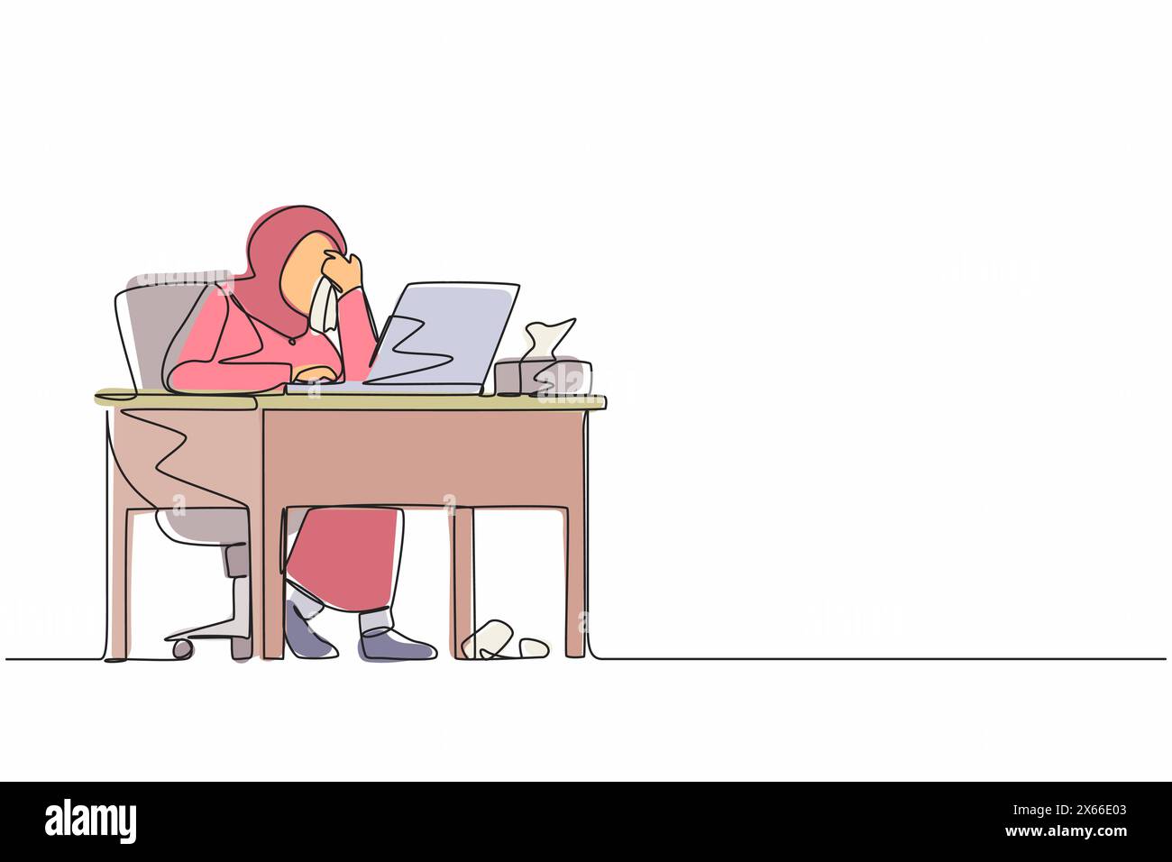 Single one line drawing female manager working on computer laptop. Arab woman with question mark over head scratches back of her head sitting in front Stock Vector