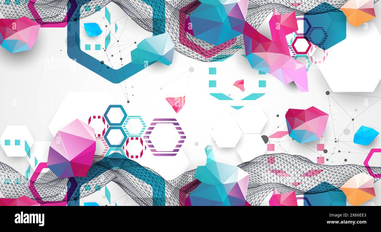 Abstract wireframe wave with colorful hexagons and plexus effect. Scientific and technological background. Vector. Stock Vector