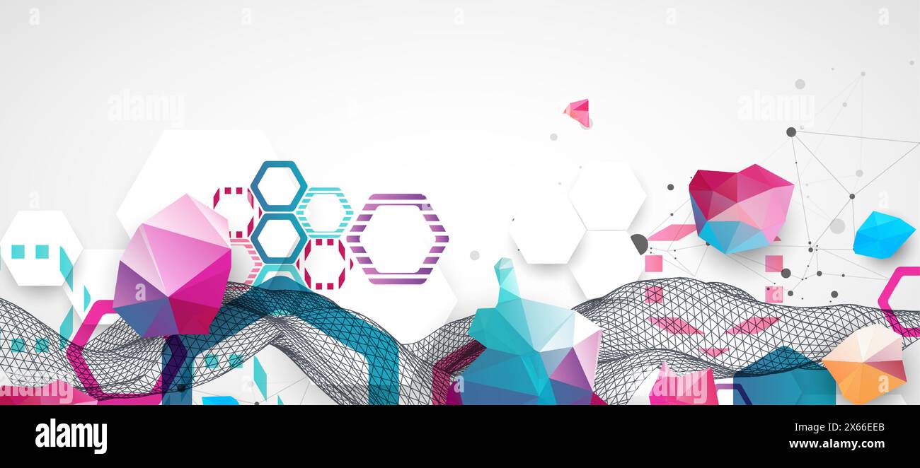 Abstract wireframe wave with colorful hexagons and plexus effect. Scientific and technological background. Vector. Stock Vector