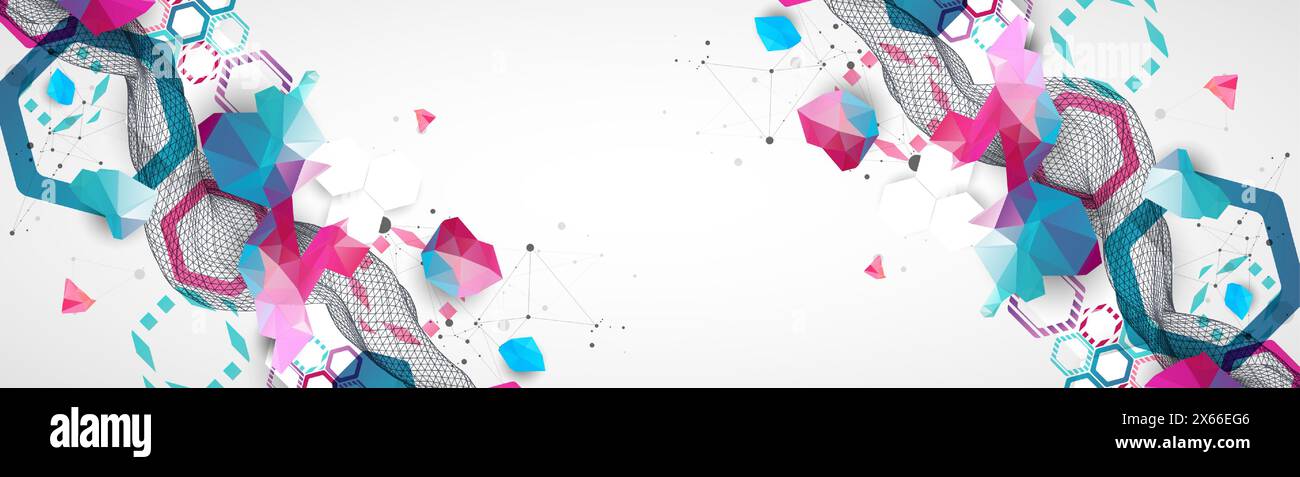 Abstract wireframe wave with colorful hexagons and plexus effect. Scientific and technological background. Vector. Stock Vector