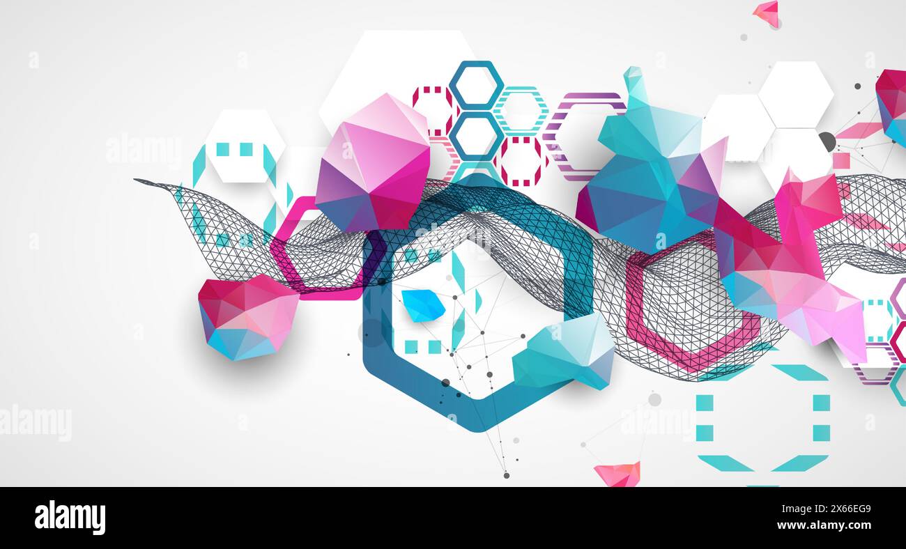 Abstract wireframe wave with colorful hexagons and plexus effect. Scientific and technological background. Vector. Stock Vector
