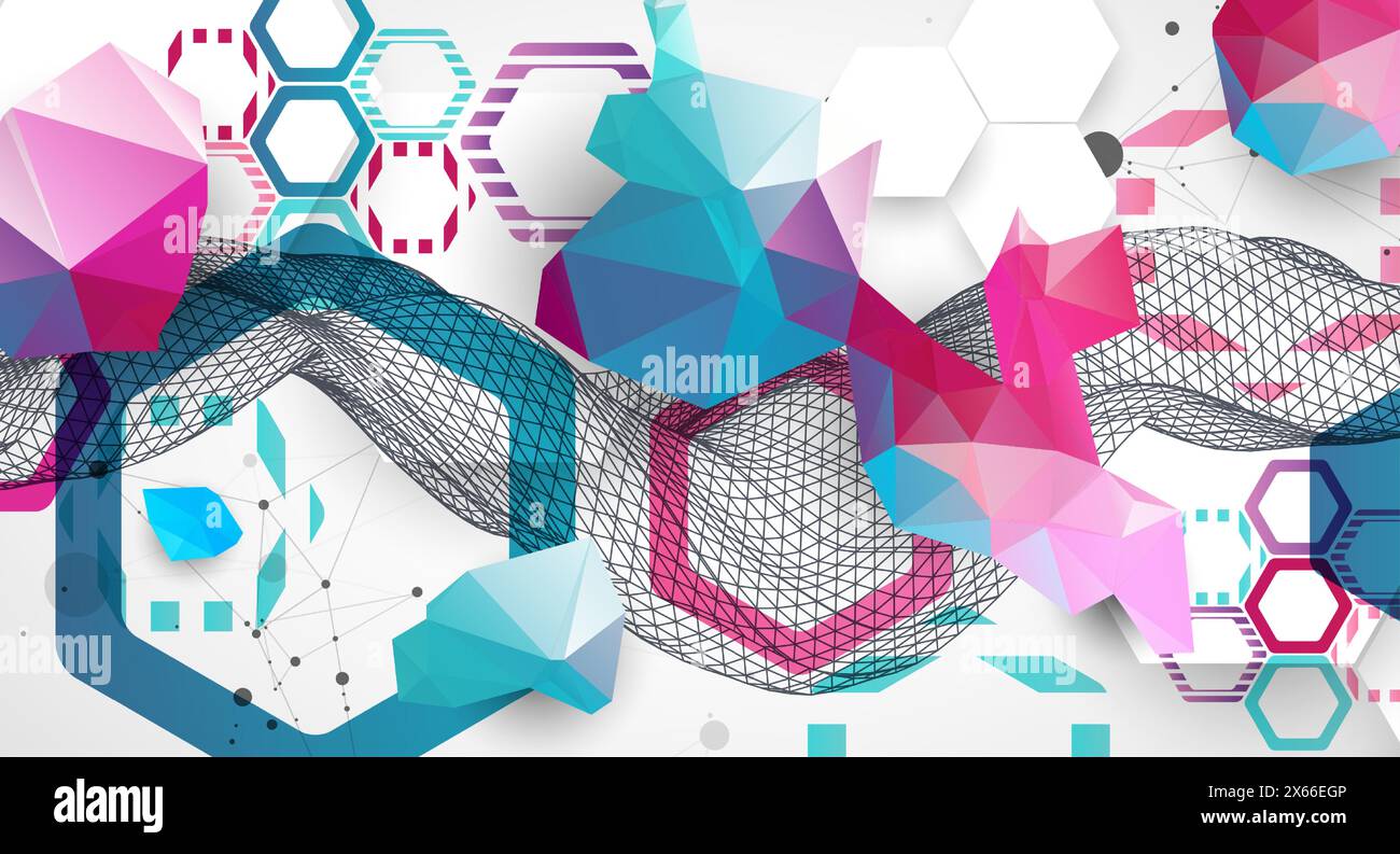 Abstract wireframe wave with colorful hexagons and plexus effect. Scientific and technological background. Vector. Stock Vector