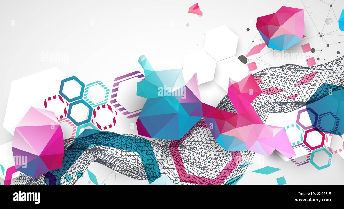 Abstract wireframe wave with colorful hexagons and plexus effect. Scientific and technological background. Vector. Stock Vector