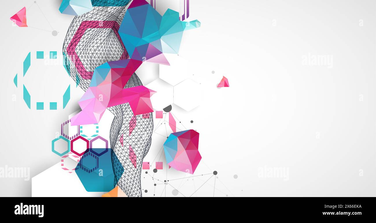 Abstract wireframe wave with colorful hexagons and plexus effect. Scientific and technological background. Vector. Stock Vector