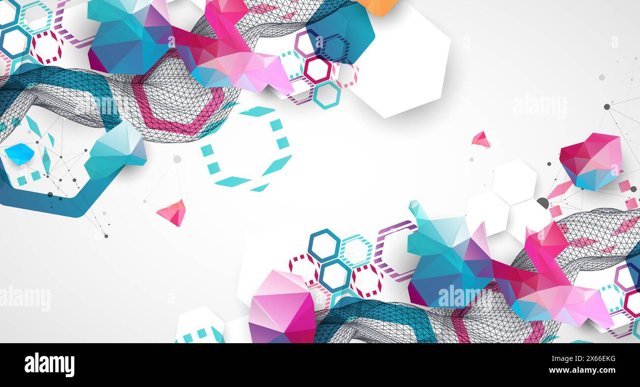 Abstract wireframe wave with colorful hexagons and plexus effect. Scientific and technological background. Vector. Stock Vector
